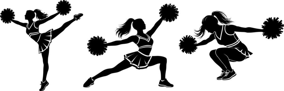 Female cheerleader arabesque. Deep lunge and jump landing poses. Pom poms. Monochrome silhouettes