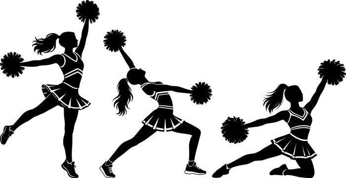 Cheerleader silhouettes. Dynamic performance poses. Pom poms and athletic movement. Monochrome sports set