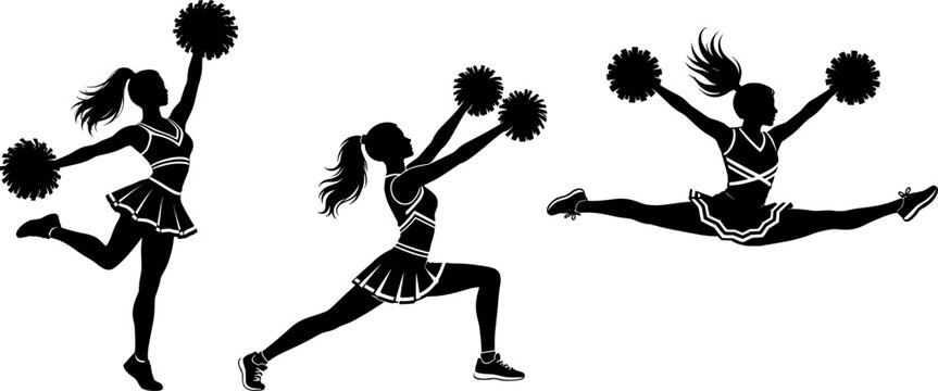Cheerleader silhouettes. Pom pom dance poses. Lunge and split leap. Monochrome sports set