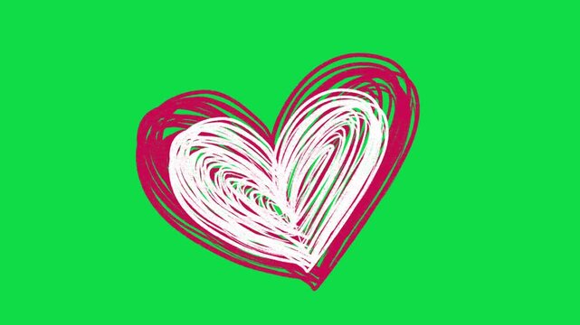2D Hand Drawn Pink and White Layered Scribble Heart Animation Overlay on Green Screen Background