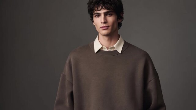 Young man wearing brown sweater and white collared shirt looking away and down with moody neutral expression studio portrait, fashionable casual