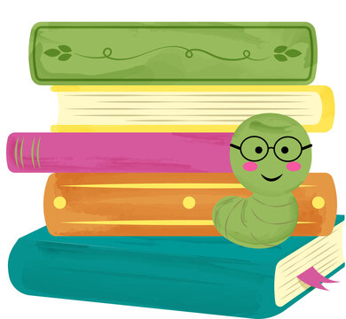 Cute Bookworm Illustration on Stack of Books