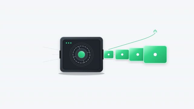 A premium conceptual business growth animation showing a mechanical growth engine transforming small business inputs into progressively larger outputs. Minimal corporate technology aesthetic suitable