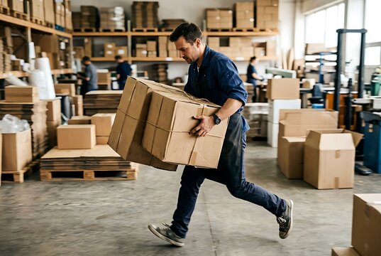 Male Warehouse Worker Carrying Heavy Cardboard Boxes in Logistics Facility.