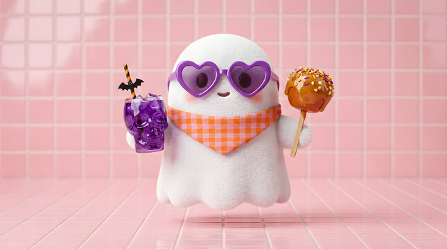 Cute ghost with heart glasses and donut