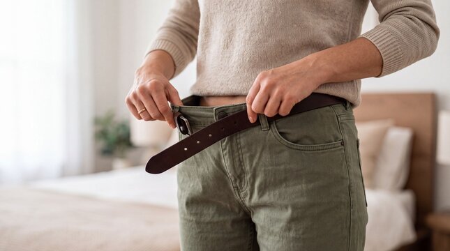 Person adjusting loose trousers with leather belt around waist showing weight loss body transformation slimming progress reduced waist size fitness journey healthy lifestyle body measurement wellness 