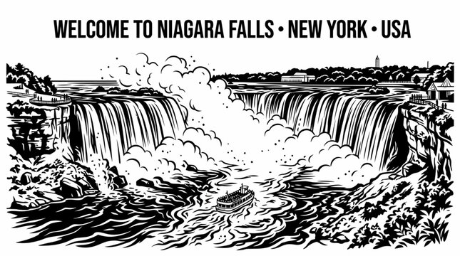 Very beautiful black and white vector of Niagara Falls featuring Horseshoe Falls, mist, river, sightseeing boat, and WELCOME TO NIAGARA FALLS &bull; NEW YORK &bull; USA, isolated on white background, no gradien