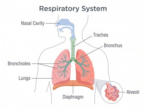 Human respiratory system diagram with labelled lungs and airways