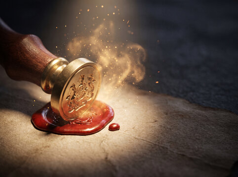 Red wax seal stamp pressed into paper 
releasing burst of golden light particles 
against dark background with copy space