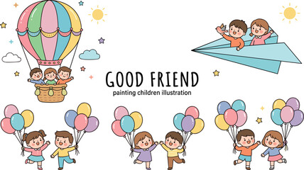Fototapeta premium Cute Children Flying in Hot Air Balloon and Paper Airplane Holding Colorful Balloons Set for Educational, Storybook, and Kids Design