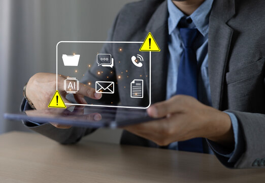 A hand holding an iPad with an envelope icon and a warning icon displays email and digital communication notifications, including online inbox message notifications.