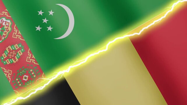 Two waving flags Turkmenistan and Belgium with diagonal lightning seamless, 4k loop