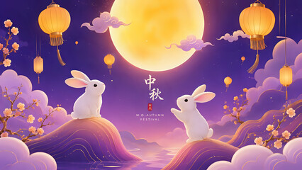 Obraz premium Mid autumn festival scene with rabbits and glowing paper lanterns under a giant full moon