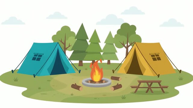 Camping scene displays two colorful tents positioned in a forest clearing next to a glowing campfire and a wooden picnic bench, depicting a peaceful outdoor recreational activity in nature.