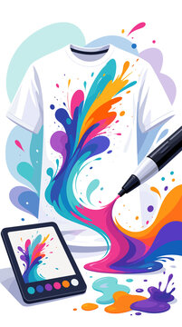 T-shirt design process with colorful paint splash and digital tablet  