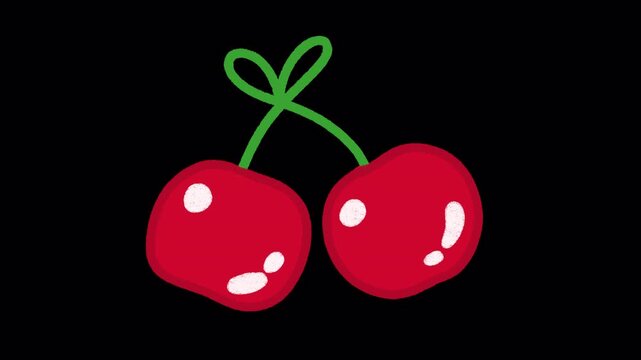 2D Hand Drawn Red Cherries Pair Animation Overlay Alpha Channel Transparent Background