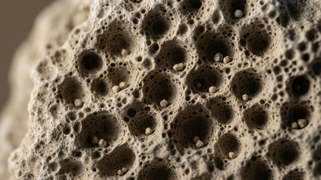 Macro view of highly porous beige mineral surface filled with deep rounded cavities resembling volcanic rock pumice stone foam geological formation natural erosion sediment texture rugged material int