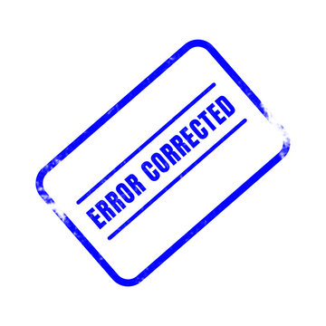 A blue rectangular rubber stamp clearly shows the text error corrected presented against a clean white backdrop indicating successful revision and approval