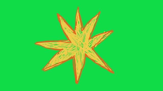 2D Hand Drawn Yellow and Orange Starburst Sparkle Animation Overlay on Green Screen Background
