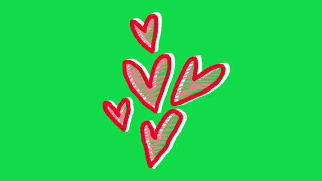 2D Hand Drawn Floating Red and White Patterned Hearts Animation Overlay on Green Screen Background