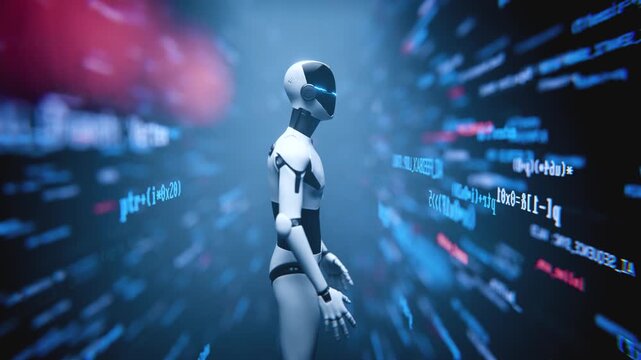 Side view humanoid robot assistant in coding tunnel loop animation