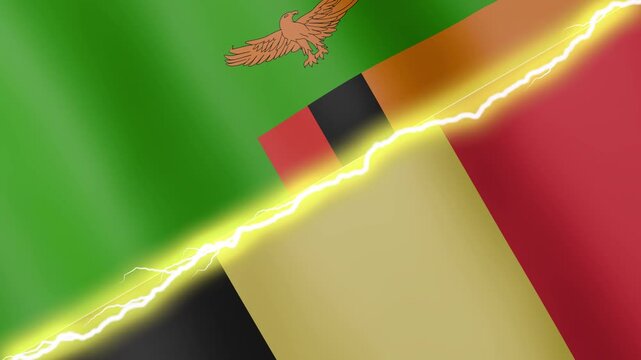 Two waving flags Zambia and Belgium with diagonal lightning seamless, 4k loop
