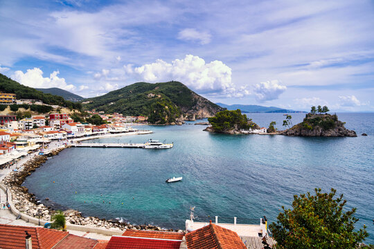 High angle view over Parga town beach and Panagia Islet in Epirus Greece