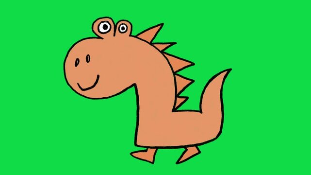 2D Hand Drawn Cute Orange Cartoon Dinosaur Character Animation Overlay on Green Screen Background