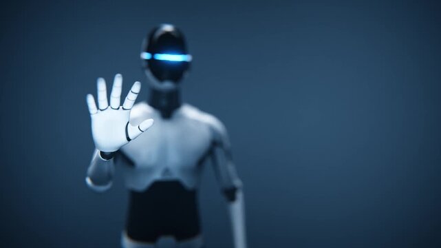 Closeup robot assistant raising palm on blue loop background