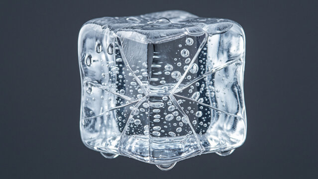 Transparent ice cube with dramatic internal cracks trapped air bubbles melting frost crystalline structure isolated against dark background frozen water cold temperature winter texture abstract macro 
