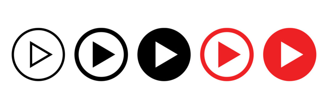 Minimalist play button icon set, red and black video player symbols, 5 media control vector elements for web and app UI