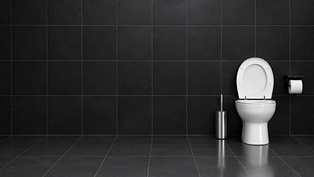 Toilet installation bathroom plumbing with white toilet, black tiles, paper holder, brush and copy space for repair work