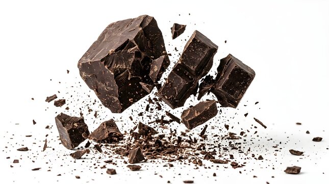 Dark chocolate chunks and shavings falling against white background