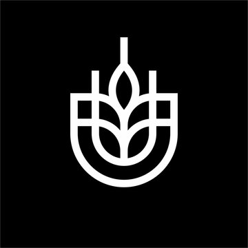 Elegant U letter monogram integrated with a geometric wheat stalk in monoline style. Perfect for agritech, organic food, bakery, brewery, or eco finance.