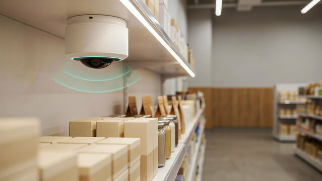 Smart camera monitoring retail shelves. Advanced sensor technology for inventory management and customer behavior analysis in a modern store