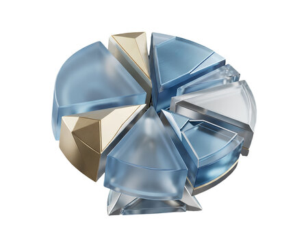 3D geometric pie chart segments with metallic reflective surfaces design illustration transparent background