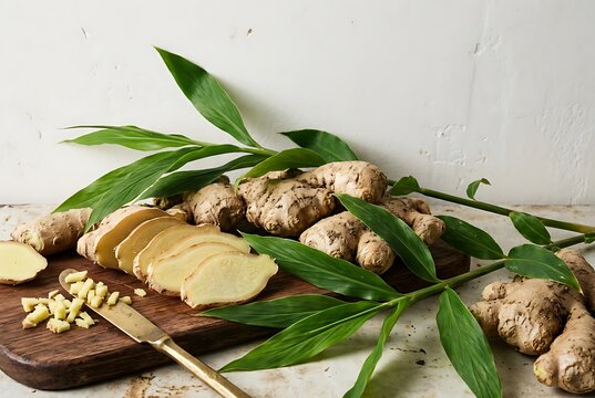 Fresh ginger root sliced with green leaves on wooden board.