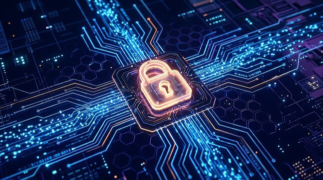 Glowing padlock on digital circuit board background