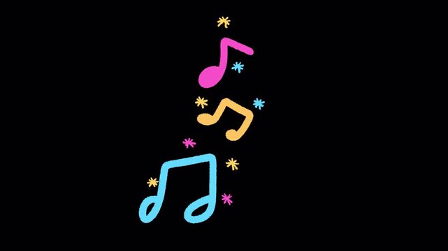 2D Hand Drawn Colorful Music Notes and Sparkles Animation Overlay Alpha Channel Transparent Background