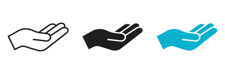 Minimalist cupped hand icons set, open palm vector symbols for charity and support, flat line and solid hand graphics © mdHittu