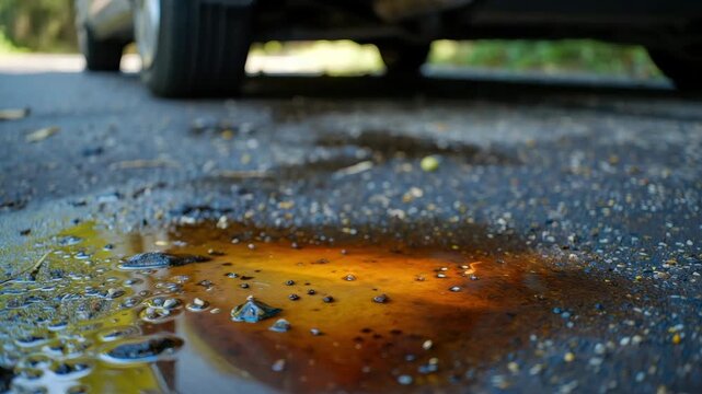 Motor oil spill staining wet asphalt below a vehicle, engine fluid leakage, hazardous automotive pollution requiring cleanup plus repair
