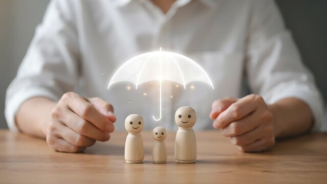 Wooden family figures under digital umbrella icon for insurance and protection concept