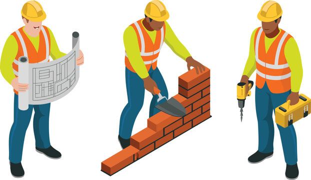 Isometric Construction Builder Character Set featuring Architect Reviewing Blueprint Bricklayer Laying Brick Wall and Handyman with Drill and Toolbox Vectors