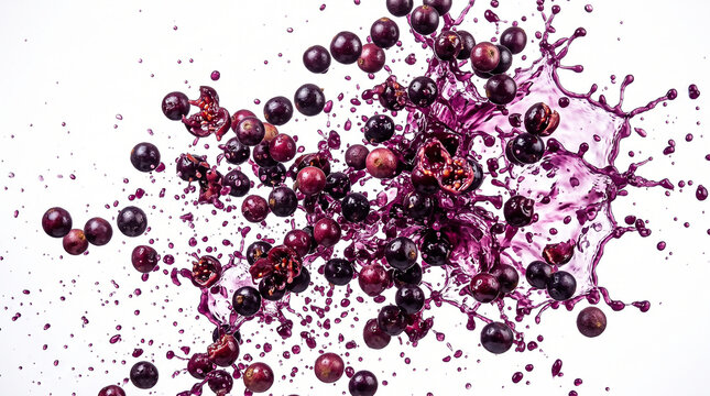 Fresh phalsa berries splashing in purple juice against a clean white background, high speed photography capturing vibrant fruit movement and healthy organic food concept