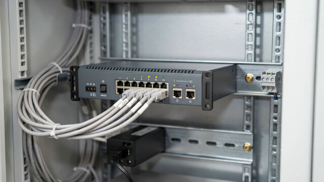 Professional network switch equipment with multiple ethernet cables plugged into ports, installed securely within a metallic server rack system
