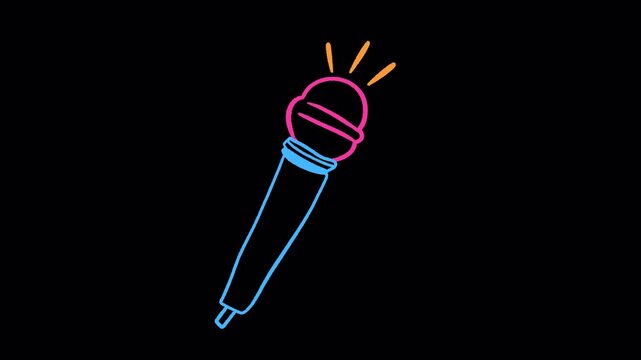 2D Hand Drawn Neon Microphone with Sound Rays Animation Overlay Alpha Channel Transparent Background