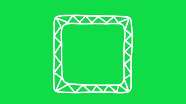 2D Hand Drawn White Geometric Pattern Square Border Frame Animation Overlay on Green Screen Background