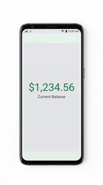 A modern smartphone screen displays a clear current account balance of one thousand two hundred thirty four dollars and fifty six cents, highlighting digital banking convenience and financial clarity.