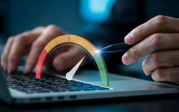 Person using laptop with digital speed gauge overlay for performance and internet speed test