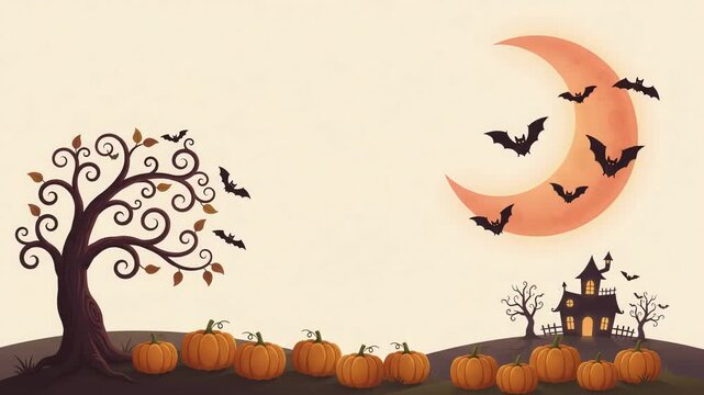 Pumpkins sit in a row before a haunted house under a glowing orange crescent moon, while bats circle in the night sky to create a festive autumnal scene with room for holiday event messaging.